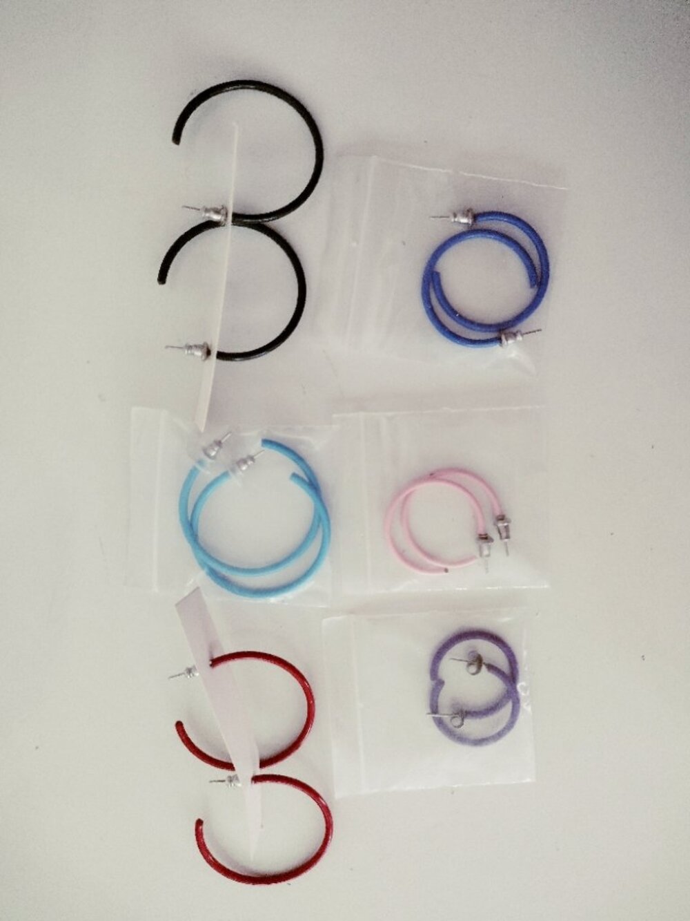6 Pair Hoop Earrings Assorted Colors & Sizes, Vintage 1980s